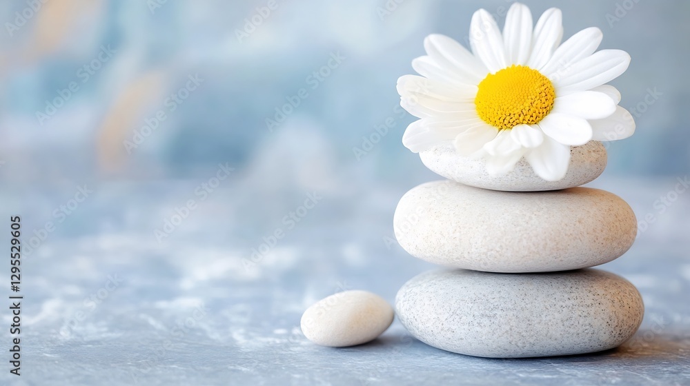 Poster serene arrangement of smooth stones with a daisy flower on blue background : generative ai