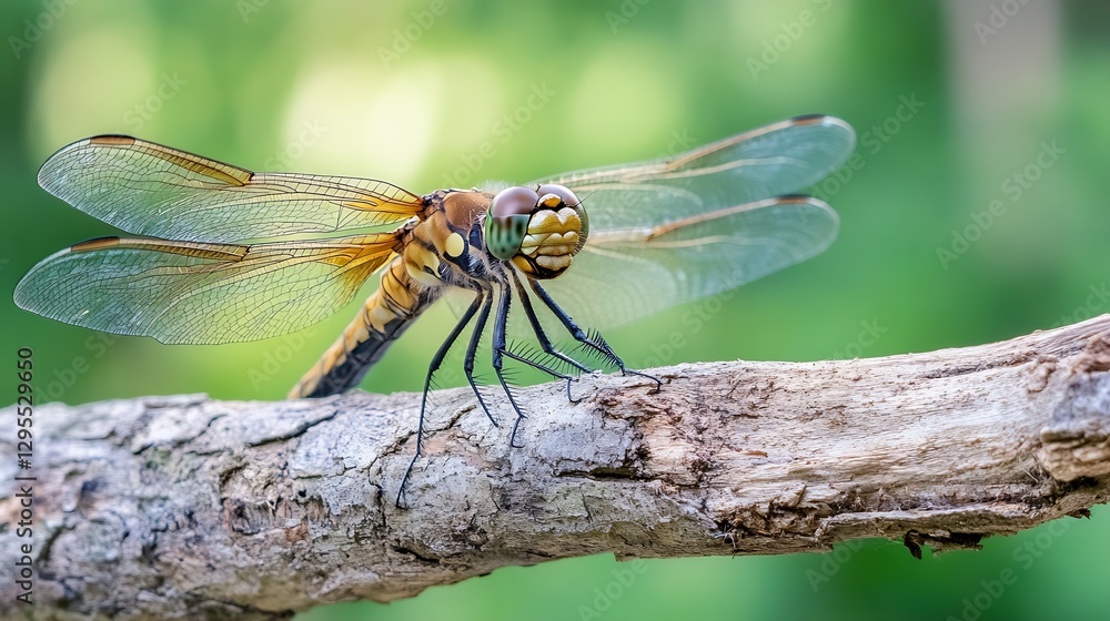 Poster detailed closeup of a dragonfly perched on a branch surrounded by lush green background : generative