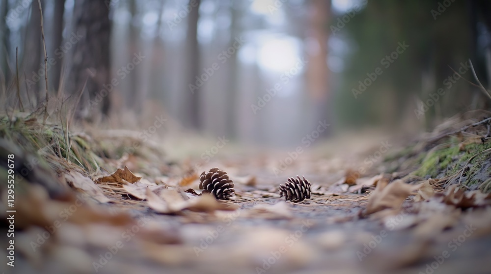 Poster Serene Forest Path with Pine Cones and Fallen Leaves in a Misty Atmosphere : Generative AI