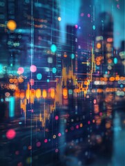 Fototapeta premium Abstract glowing big data forex candlestick chart on blurry city backdrop. Trade, technology, investment and analysis concept. Double exposure