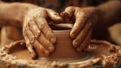 Close-up image of hands covered in clay, expertly molding a clay piece on a spinning wheel. Ai generated.