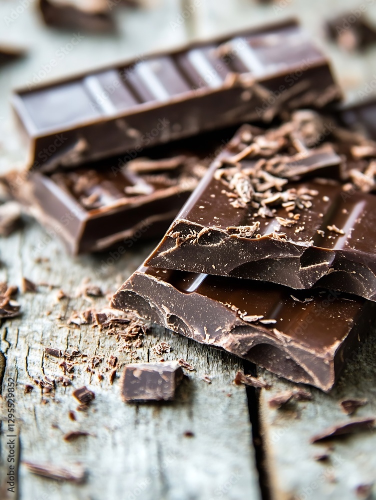 Poster delicious dark chocolate pieces stacked on a rustic wooden table filled with cocoa shavings : genera