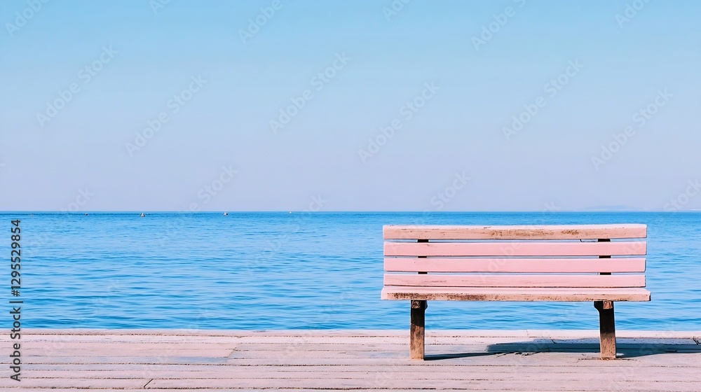 Aufkleber serene wooden bench overlooking tranquil ocean waves at a clear blue sky on a calm day for relaxatio