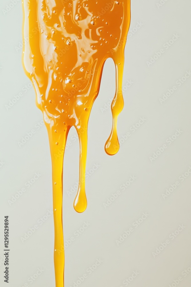 Poster golden honey dripping slowly against a light background creating a mesmerizing pattern of viscosity 