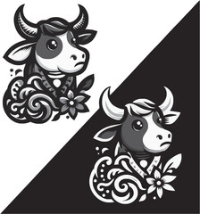 Artistic representation of a cow with floral elements, showcasing contrast in design styles