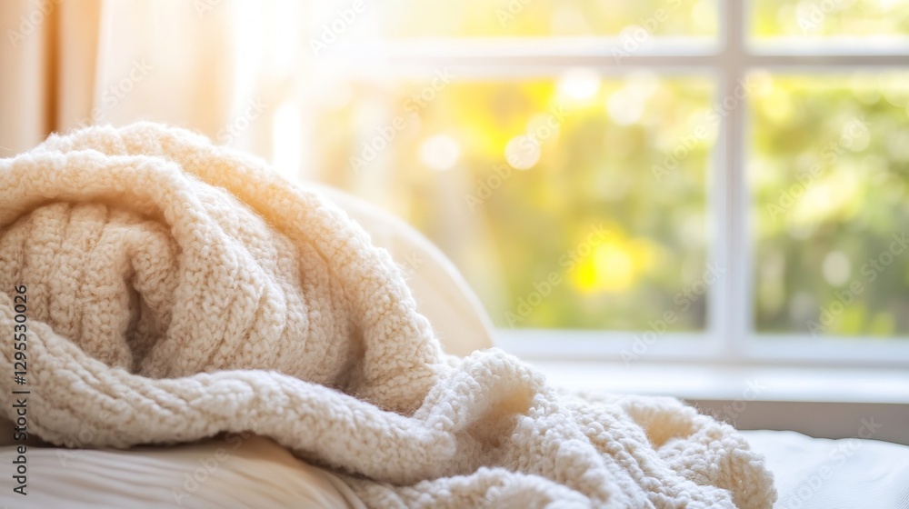 Leinwandbilder cozy wool blanket on a bed by a bright window creating a warm inviting atmosphere : generative ai