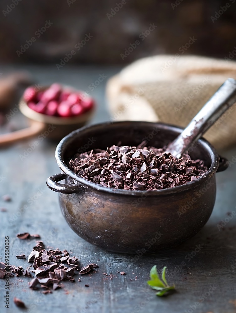 Poster Artisan craft of finely chopped cocoa nibs in rustic metal bowl surrounded by raw ingredients : Generative AI