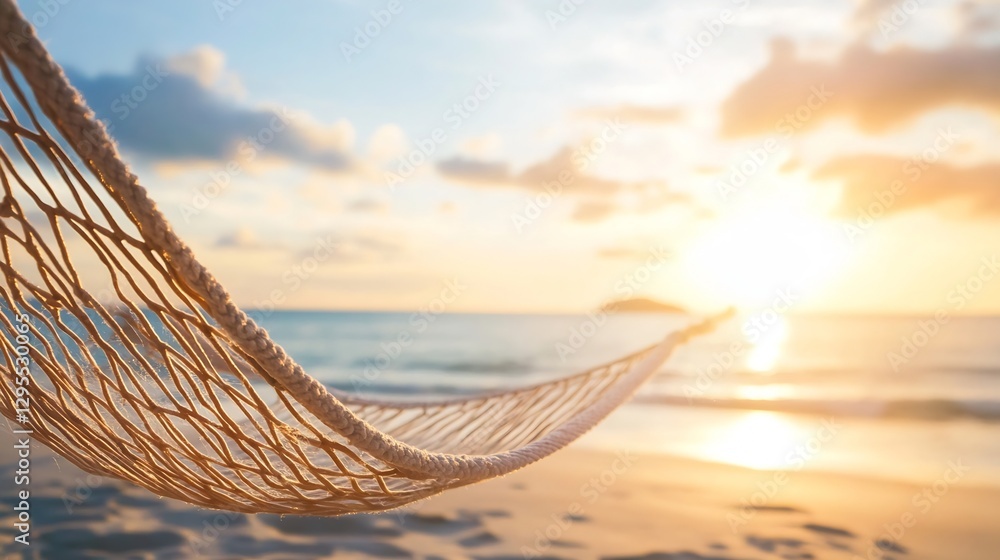 Poster stunning sunset over the ocean with a hammock in focus and gentle ocean breeze : generative ai
