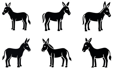 Simple, black silhouettes of donkeys, perfect for icons or illustrations.