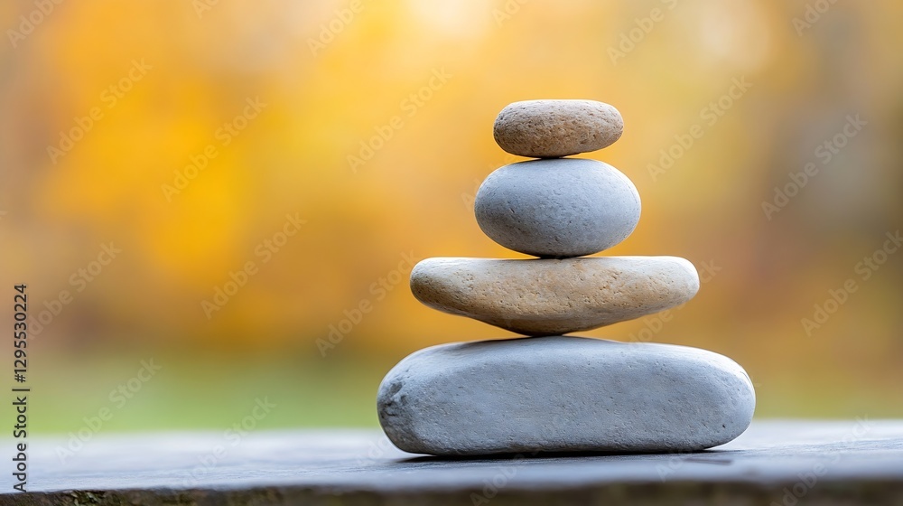 Poster beautifully balanced stack of smooth stones on a wooden surface against a blurred background : gener