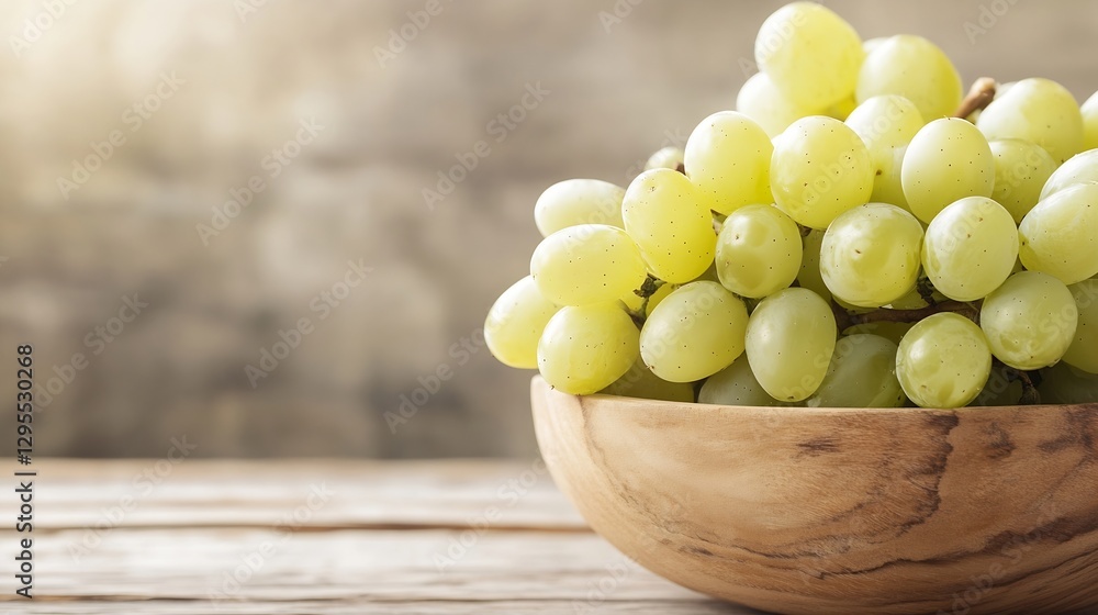 Aufkleber freshly harvested green grapes in a rustic wooden bowl against a blurred background creating a homey