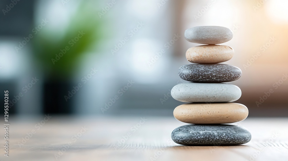 Leinwandbilder elegant stack of smooth pebbles balanced perfectly on a wooden surface with soft background light : 