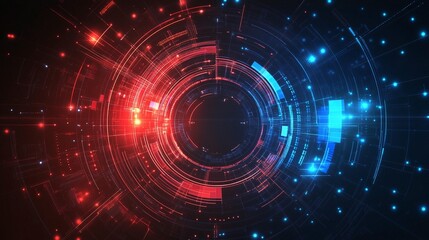 Obraz premium Abstract digital technology background with red and blue glowing circles and particles.