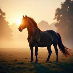 Obraz premium Silhouette of horse head with flowing mane and tail in the misty morning landscape, nature scenes, landscape photography, equine wildlife