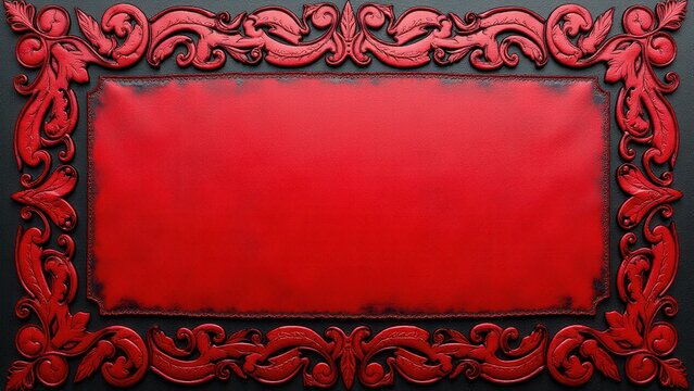 Ornate tooled leather frame with intricate red floral patterns on a black background.