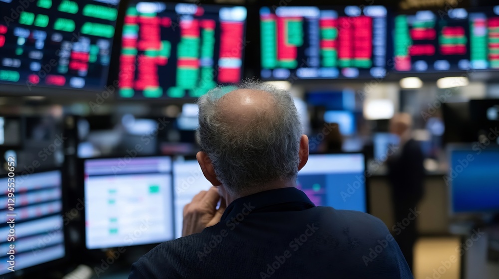Aufkleber Focused stock trader analyzing market data on multiple screens in a trading room environment : Generative AI