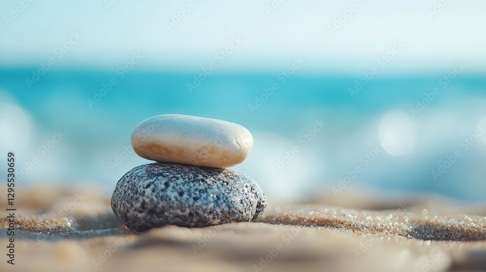 Poster Serene beach scene with two smooth pebbles stacked harmoniously on sandy shore against a blurred ocean backdrop : Generative AI