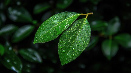 Two vibrant green leaves covered with water droplets are featured