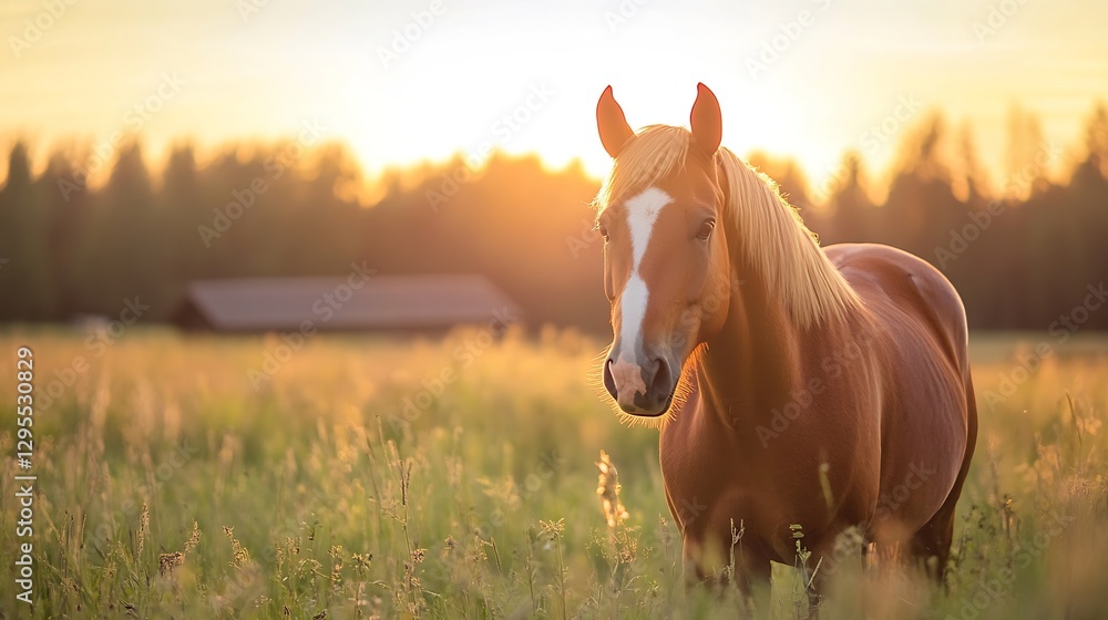 Poster majestic horse standing in a sunlit field during golden hour with soft glow : generative ai