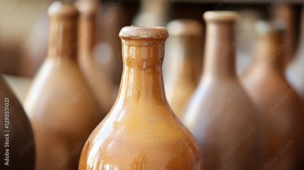 Poster artisan clay bottles on display highlighting traditional pottery craft and textured surface details 