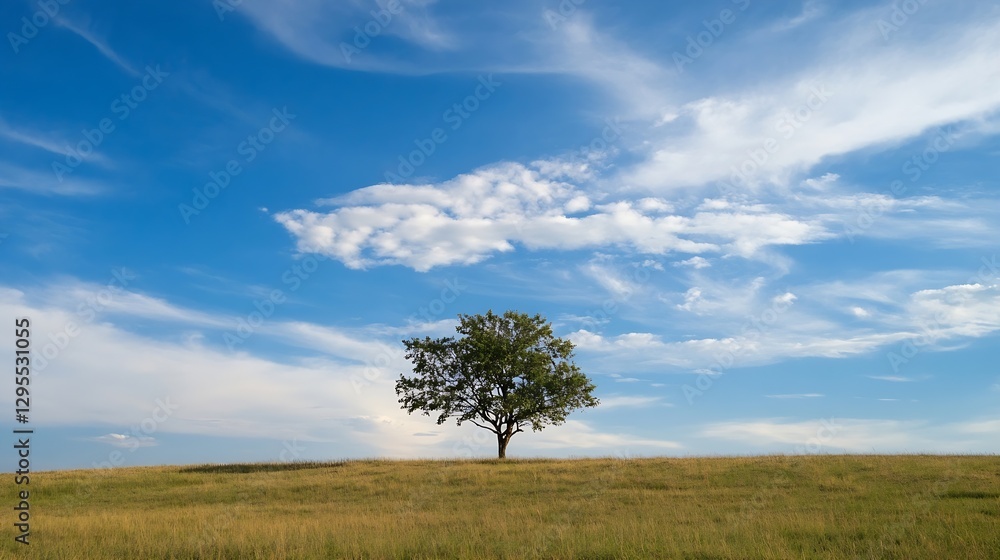 Poster Lone tree standing majestically in a vast field under a clear blue sky with wispy clouds creating a picturesque scene : Generative AI