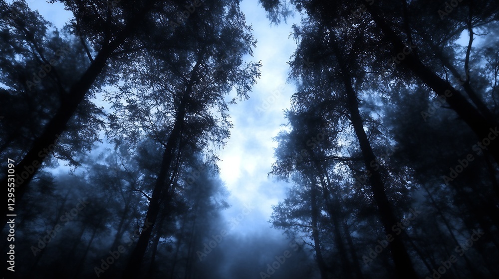 Poster Mysterious forest scene with towering trees shrouded in misty fog : Generative AI