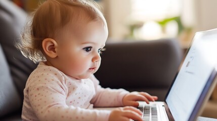 Curious Baby Engaged with Laptop in Cozy Living Room : Generative AI