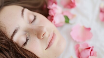 Sleeping beauty with gentle rose petals around her face creating a serene mood : Generative AI