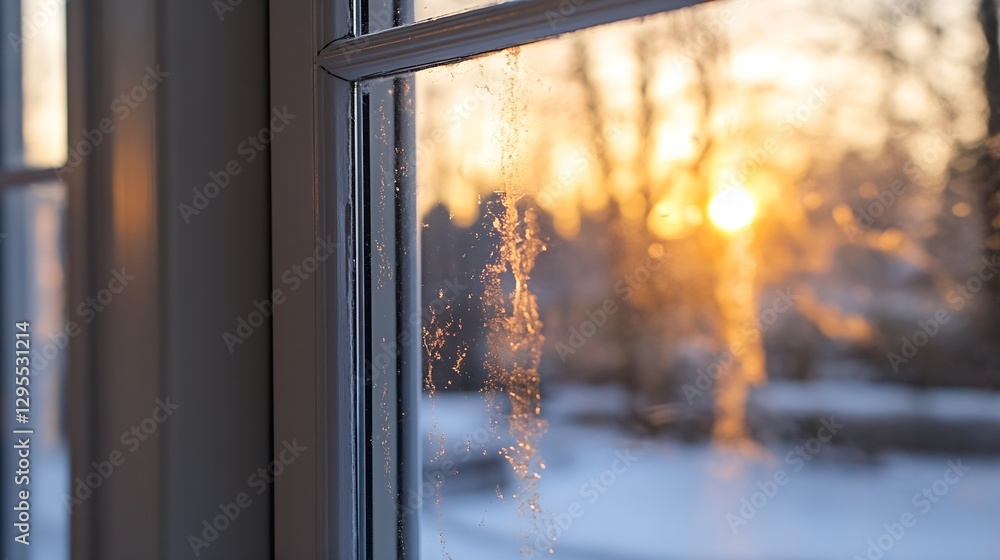 Poster frosted window with sunlight glimmering over a winter landscape : generative ai