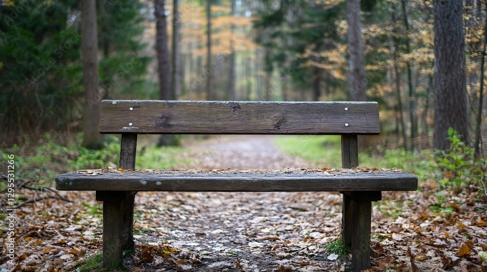 Poster Wooden bench in a peaceful forest setting with fallen leaves and a winding path : Generative AI