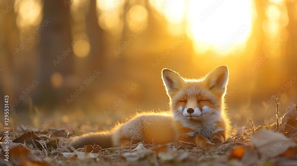Poster Happy fox basking in warm sunset glow with soft background of trees and autumn leaves : Generative AI