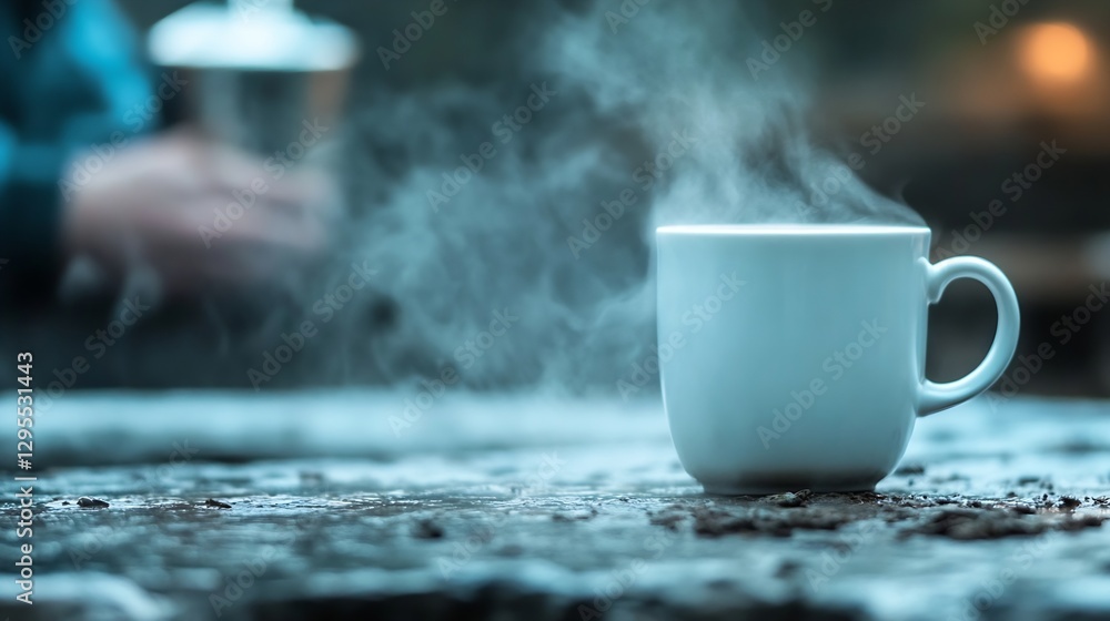 Poster a steaming white cup of coffee on a rustic wooden table in a cozy setting : generative ai