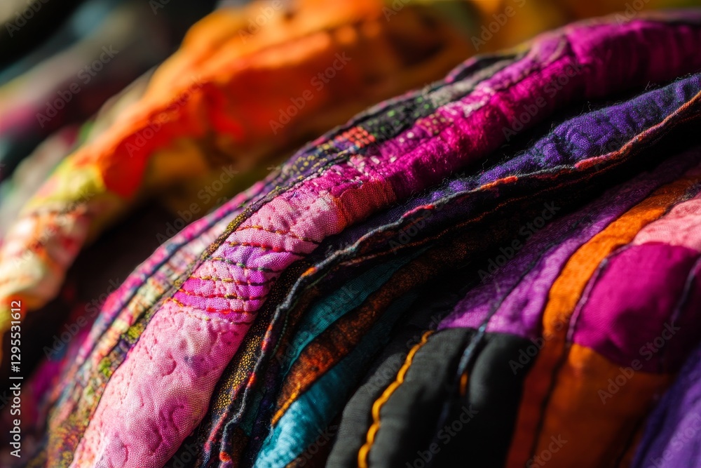 Poster colorful textiles with bright patterns and textures in detail