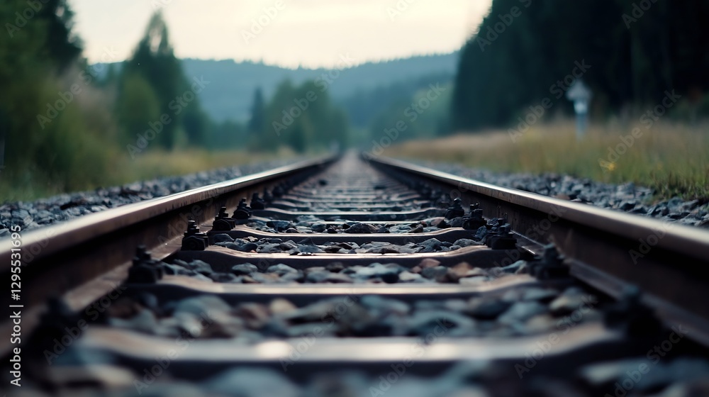 Poster railway tracks stretching into distance surrounded by nature signifying journey and adventure : gene