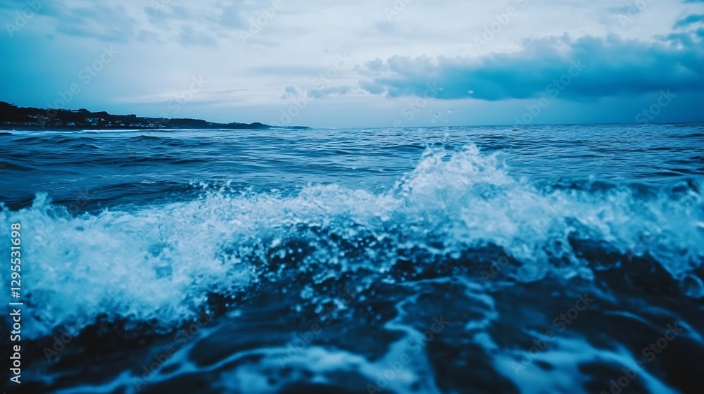 Aufkleber Dynamic closeup view of ocean waves crashing and foaming under a cloudy sky at dusk : Generative AI
