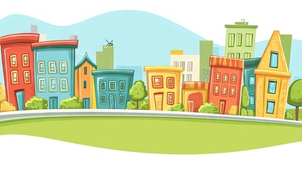 Colorful city street scene, suburban houses, green lawn, illustration, website banner