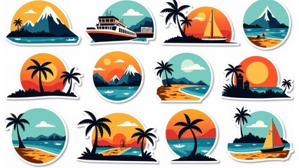 Travel stickers featuring scenic landscapes, including mountains, beaches, palm trees, and boats, perfect for travel enthusiasts.