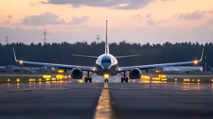 Modern Passenger Airplane on Taxiway at Sunset with Illuminated Airport Lights and Clear Sky : Generative AI