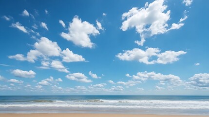 Obraz premium Beautiful beach scene featuring soft sand and fluffy white clouds under a bright blue sky inviting leisure and joy : Generative AI