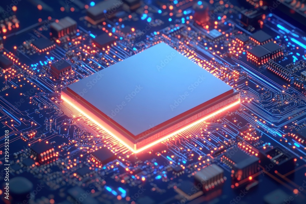 Poster close-up view of a glowing microprocessor on a circuit board with vibrant lights