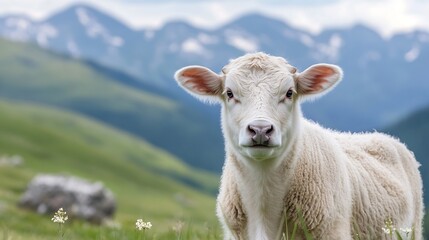 Adorable Calf Grazing in Lush Green Meadows with Majestic Mountains in Background : Generative AI