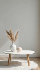 Simple white coffee table with decorative objects on gray background , minimalist, modern, decor