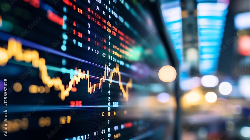 Poster vibrant digital finance graph showing market trends and fluctuations with colorful lights in a city 