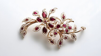 Fototapeta premium An antique-style brooch with intricate floral designs, featuring rubies and diamonds, against a clean white backdrop