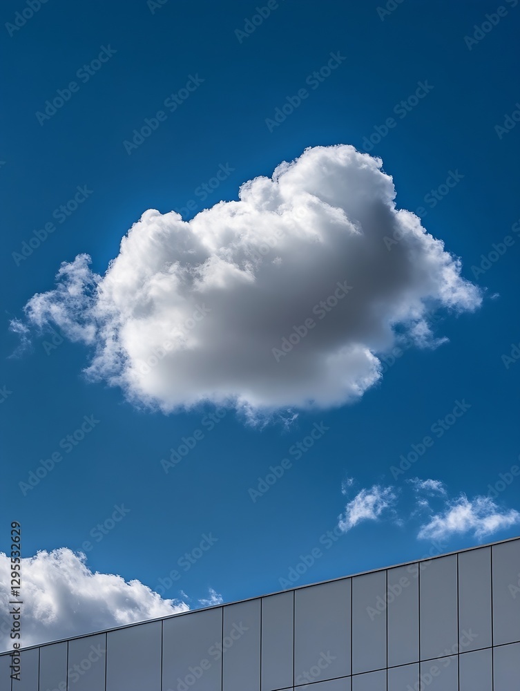 Poster fluffy white cloud drifting across a bright blue sky with contrasting modern architecture below : ge