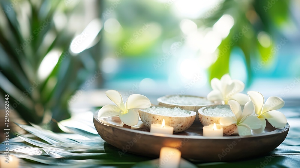 Poster Relaxing spa setup with candles and flowers creating a serene atmosphere for wellness and self care : Generative AI