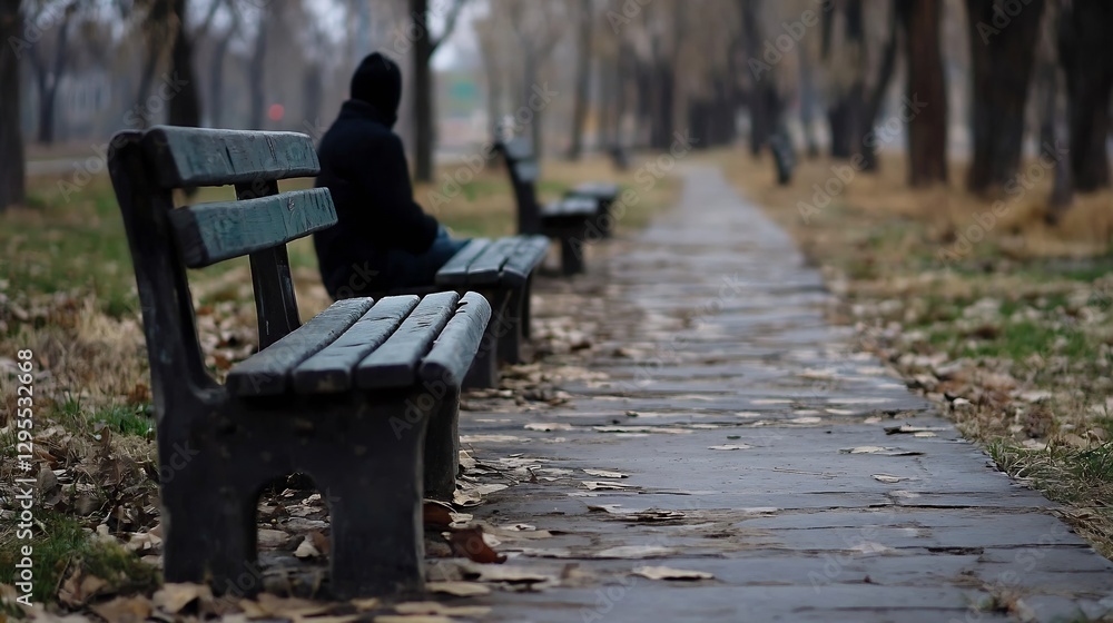 Poster lonely figure sitting on a park bench in a tranquil and deserted pathway covered with fallen leaves 
