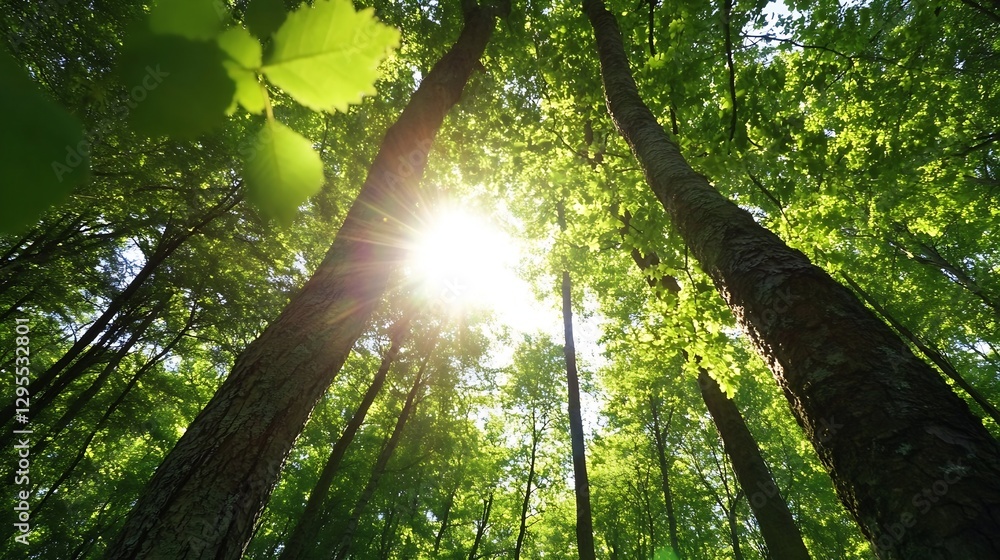 Poster sunlight streaming through tall trees creates a magical atmosphere in a lush green forest landscape 