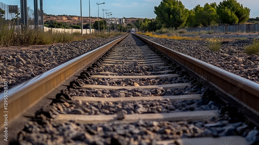 Poster close up view of railway tracks leading into the distance under a bright blue sky : generative ai