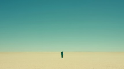Solitary Figure Walking Across Vast Desert Landscape Under a Clear Blue Sky